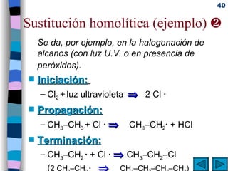 Sustitución homolítica (ejemplo)   Se da, por ejemplo, en la   halogenación de alcanos (con luz U.V. o en presencia de peróxidos).   Iniciación:   Cl 2  +   luz ultravioleta      2 Cl  · Propagación: CH 3 –CH 3  + Cl  ·     CH 3 –CH 2 ·  + HCl Terminación: CH 3 –CH 2  ·  + Cl  ·     CH 3 –CH 2 –Cl ( 2 CH 3 –CH 2  ·        CH 3 –CH 2 –CH 2 –CH 3 ) 