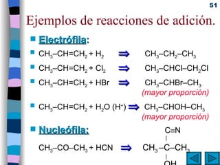 Ejemplos de reacciones de adición. Electrófila :  CH 3 –CH=CH 2  + H 2        CH 3 –CH 2 –CH 3 CH 3 –CH=CH 2  + Cl 2        CH 3 –CHCl–CH 2 Cl CH 3 –CH=CH 2  + HBr       CH 3 –CHBr–CH 3   (mayor proporción) CH 3 –CH=CH 2  + H 2 O (H + )     CH 3 –CHOH–CH 3   (mayor proporción) Nucleófila:     C  N   | CH 3 –CO–CH 3  + HCN        CH 3  –C–CH 3   |    OH 
