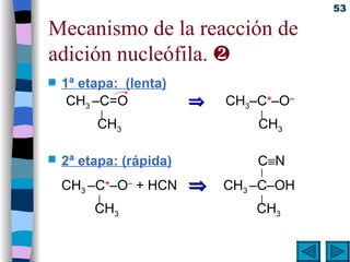 Mecanismo de la reacción de adición nucleófila.   1ª etapa:  (lenta) CH 3  –C=O        CH 3 –C + –O –     |     |   CH 3   CH 3 2ª etapa: (rápida)   C  N  | CH 3  –C + –O –  + HCN     CH 3  –C–OH   |   |     CH 3   CH 3 