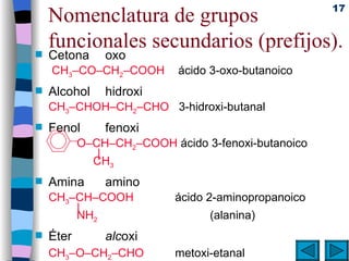 Nomenclatura de grupos funcionales secundarios (prefijos). Cetona  oxo   CH 3 –CO–CH 2 –COOH  ácido 3-oxo-butanoico Alcohol  hidroxi CH 3 –CHOH–CH 2 –CHO  3-hidroxi-butanal Fenol fenoxi   O–CH–CH 2 –COOH  ácido 3-fenoxi-butanoico   |   CH 3 Amina  amino CH 3 –CH–COOH  ácido 2-aminopropanoico   |   NH 2 (alanina) Éter  alc oxi CH 3 –O–CH 2 –CHO  metoxi-etanal 