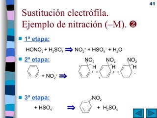 Sustitución electrófila. Ejemplo de nitración (–M).   1ª etapa:     HONO 2  + H 2 SO 4     NO 2 +  + HSO 4 –  + H 2 O 2ª etapa:   NO 2   NO 2   NO 2     +   H   H   H   + NO 2 +        +         3ª etapa:   NO 2 + HSO 4 –        +  H 2 SO 4 + 