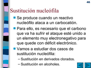 Sustitución nucleófila Se produce cuando un reactivo nucleófilo ataca a un carbocatión.   Para ello, es necesario que el carbono que va ha sufrir el ataque esté unido a un elemento muy electronegativo para que quede con déficit electrónico. Vamos a estudiar dos casos de sustitución nucleófila: Sustitución en derivados clorados . Sustitución en alcoholes . 
