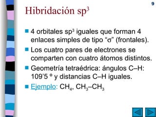 Hibridación sp 3 4 orbitales sp 3  iguales que forman 4 enlaces simples de tipo “  ” (frontales). Los cuatro pares de electrones se comparten con cuatro átomos distintos. Geometría tetraédrica: ángulos C–H: 109’5 º y distancias C–H iguales. Ejemplo :  CH 4 , CH 3 –CH 3 