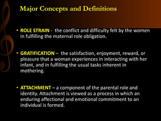 Major Concepts and Definitions
• ROLE STRAIN - the conflict and difficulty felt by the women
in fulfilling the maternal role obligation.
• GRATIFICATION – the satisfaction, enjoyment, reward, or
pleasure that a woman experiences in interacting with her
infant, and in fulfilling the usual tasks inherent in
mothering.
• ATTACHMENT – a component of the parental role and
identity. Attachment is viewed as a process in which an
enduring affectional and emotional commitment to an
individual is formed.
 