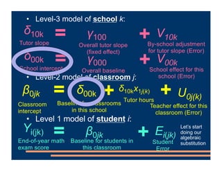 • Level-3 model of school k:
• Level-2 model of classroom j:
• Level 1 model of student i:
Student
Error
Ei(jk)
=
End-of-y...