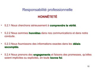 Responsabilité professionnelle
HONNÊTETÉ
•

5.2.1 Nous cherchons sérieusement à comprendre la vérité.
vérité

•

5.2.2 Nous sommes honnêtes dans nos communications et dans notre
conduite.

•

5.2.3 Nous fournissons des informations exactes dans les délais
escomptés.
escomptés

•

5.2.4 Nous prenons des engagements et faisons des promesses, qu’elles
soient implicites ou explicites, en toute bonne foi.
foi
10

 
