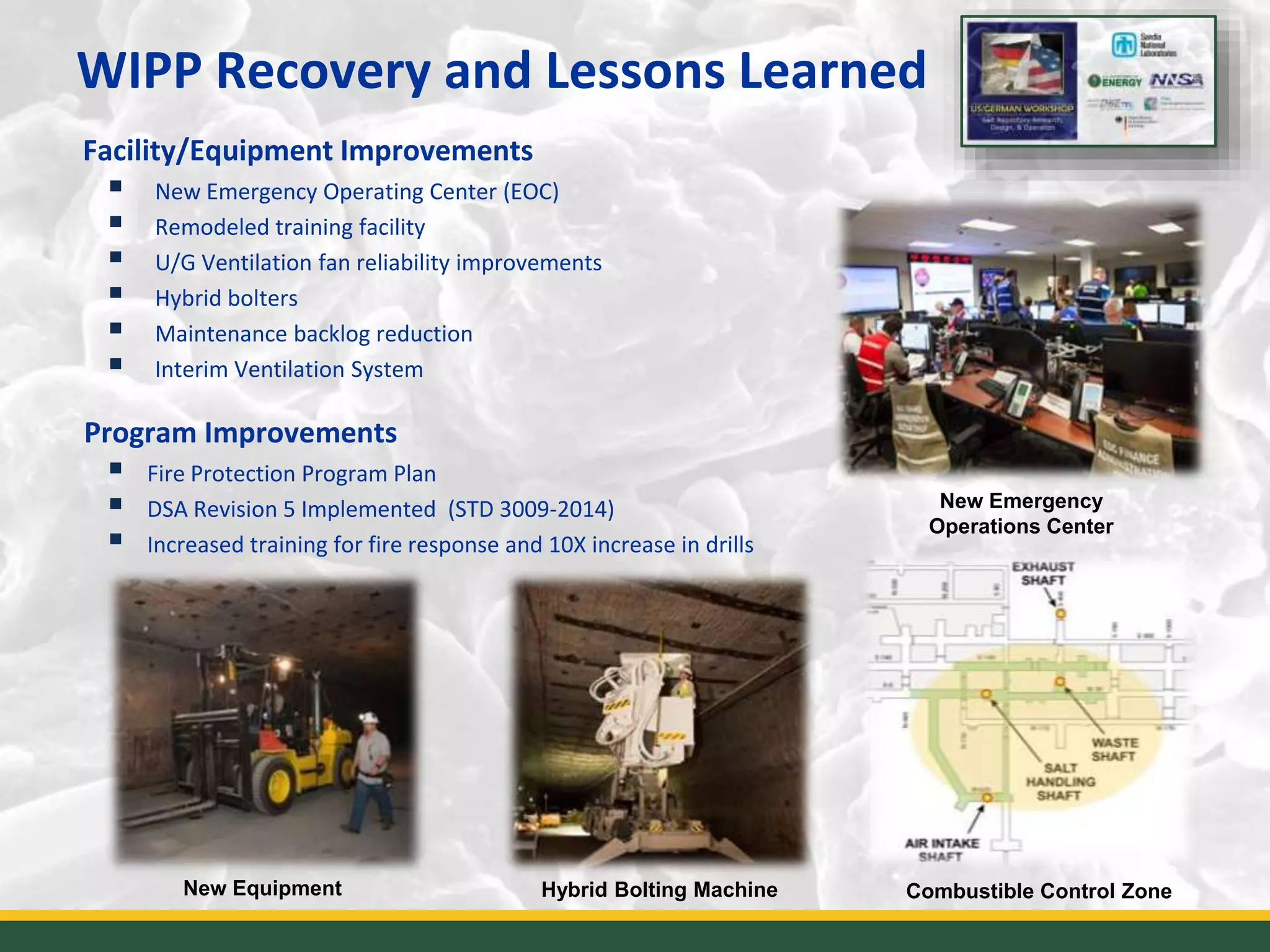 WIPP Recovery and Lessons Learned
8
Facility/Equipment Improvements
 New Emergency Operating Center (EOC)
 Remodeled training facility
 U/G Ventilation fan reliability improvements
 Hybrid bolters
 Maintenance backlog reduction
 Interim Ventilation System
Program Improvements
 Fire Protection Program Plan
 DSA Revision 5 Implemented (STD 3009-2014)
 Increased training for fire response and 10X increase in drills
New Emergency
Operations Center
Hybrid Bolting Machine Combustible Control ZoneNew Equipment
 