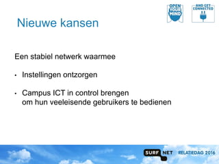 Nieuwe kansen
Een stabiel netwerk waarmee
• Instellingen ontzorgen
• Campus ICT in control brengen
om hun veeleisende gebruikers te bedienen
 