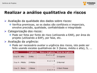 Gerência de Projetos




  Realizar a análise qualitativa de riscos

   Avaliação da qualidade dos dados sobre riscos:
          Verifica premissas, se os dados são confiáveis e imparciais,
           envolve precisão, qualidade, confiabilidade e integridade
   Categorização dos riscos:
          Pode ser feita por fonte de risco (utilizando a EAR), por área do
           projeto (utilizando a EAP), por fase, etc.
   Avaliação da urgência:
          Pode ser necessário avaliar a urgência dos riscos, isto pode ser
           feito usando escalas qualitativas de 3 (baixa, média e alta), 5, ...
                Risco            Urgência   Risco x Urgência    Nível de Urgência
                                                  9 x 3 = 27
                6 ou 9 – Alto    3-Alta                         3-Urgente
                                                          ..
                                                   4x2=8
                3 ou 4 – Médio   2-Média                        2-Normal
                                                          ...
                                                          ...
                1 ou 2 – Baixo   1-Baixa                        1-Sem Pressa
                                                   1x1=1
 