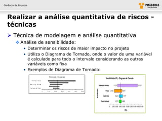 Gerência de Projetos




  Realizar a análise quantitativa de riscos -
  técnicas
   Técnica de modelagem e análise quantitativa
          Análise de sensibilidade:
                • Determinar os riscos de maior impacto no projeto
                • Utiliza o Diagrama de Tornado, onde o valor de uma variável
                  é calculado para todo o intervalo considerando as outras
                  variáveis como fixa
                • Exemplos de Diagrama de Tornado:
 