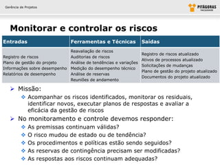 Gerência de Projetos




   Monitorar e controlar os riscos
Entradas                       Ferramentas e Técnicas            Saídas
                             Reavaliação de riscos
                                                                 Registro de riscos atualizado
Registro de riscos           Auditorias de riscos
                                                                 Ativos de processos atualizado
Plano de gestão do projeto   Análise de tendências e variações
                                                                 Solicitações de mudanças
Informações sobre desempenho Medição do desempenho técnico
                                                                 Plano de gestão do projeto atualizado
Relatórios de desempenho     Análise de reservas
                                                                 Documentos do projeto atualizado
                             Reuniões de andamento

    Missão:
          Acompanhar os riscos identificados, monitorar os residuais,
           identificar novos, executar planos de respostas e avaliar a
           eficácia da gestão de riscos
    No monitoramento e controle devemos responder:
             As premissas continuam válidas?
             O risco mudou de estado ou de tendência?
             Os procedimentos e políticas estão sendo seguidos?
             As reservas de contingência precisam ser modificadas?
             As respostas aos riscos continuam adequadas?
 