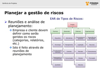 Gerência de Projetos




  Planejar a gestão de riscos
                                      EAR de Tipos de Riscos:
   Reuniões e análise de
    planejamento:
                                                                      Projeto




          Empresa e cliente devem      Técnicos         Gerenciais             Externos         Organizacionais

           definir como serão
           geridos os riscos               Requisitos       Estimativas
                                                                                Fornecedores e
                                                                                   parceiros
                                                                                                     Dependências
                                                                                                      de projetos
           (categorias, relatórios,
           etc.)                          Tecnologia       Planejamento            Legislação           Recursos


          Isto é feito através de
           reuniões de                  Complexidade e
                                          interfaces
                                                             Controle               Mercado          Financiamento

           planejamento
                                        Desempenho e
                                                           Comunicação              Clientes           Priorização
                                        confiabilidade




                                           Qualidade                                Naturais
 