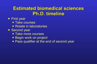 Estimated biomedical sciences Ph.D. timeline First year Take courses Rotate in laboratories Second year Take more courses Begin work on project Pass qualifier at the end of second year 