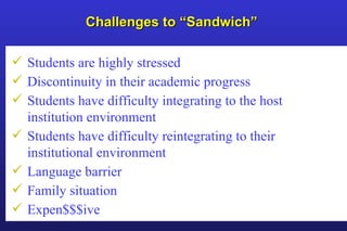 Challenges to “Sandwich”  Students are highly stressed Discontinuity in their academic progress Students have difficulty integrating to the host institution environment Students have difficulty reintegrating to their institutional environment  Language barrier Family situation Expen$$$ive 