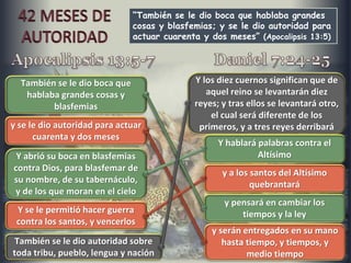 “También se le dio boca que hablaba grandes
cosas y blasfemias; y se le dio autoridad para
actuar cuarenta y dos meses” (Apocalipsis 13:5)
También se le dio boca que
hablaba grandes cosas y
blasfemias
y se le dio autoridad para actuar
cuarenta y dos meses
Y abrió su boca en blasfemias
contra Dios, para blasfemar de
su nombre, de su tabernáculo,
y de los que moran en el cielo
Y se le permitió hacer guerra
contra los santos, y vencerlos
También se le dio autoridad sobre
toda tribu, pueblo, lengua y nación
Y los diez cuernos significan que de
aquel reino se levantarán diez
reyes; y tras ellos se levantará otro,
el cual será diferente de los
primeros, y a tres reyes derribará
y a los santos del Altísimo
quebrantará
Y hablará palabras contra el
Altísimo
y pensará en cambiar los
tiempos y la ley
y serán entregados en su mano
hasta tiempo, y tiempos, y
medio tiempo
 