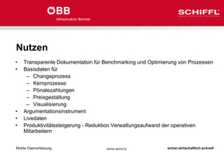 sicher.wirtschaftlich.schnell
INFRA.SERVICE
Nutzen
• Transparente Dokumentation für Benchmarking und Optimierung von Prozessen
• Basisdaten für
– Changeprozess
– Kernprozesse
– Pönalezahlungen
– Preisgestaltung
– Visualisierung
• Argumentationsinstrument
• Livedaten
• Produktivitätssteigerung - Reduktion Verwaltungsaufwand der operativen
Mitarbeitern
Mobile Datenerfassung
 