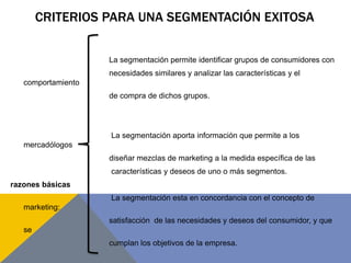 CRITERIOS PARA UNA SEGMENTACIÓN EXITOSA
La segmentación permite identificar grupos de consumidores con
necesidades similares y analizar las características y el
comportamiento
de compra de dichos grupos.
La segmentación aporta información que permite a los
mercadólogos
diseñar mezclas de marketing a la medida específica de las
características y deseos de uno o más segmentos.
razones básicas
La segmentación esta en concordancia con el concepto de
marketing:
satisfacción de las necesidades y deseos del consumidor, y que
se
cumplan los objetivos de la empresa.
 