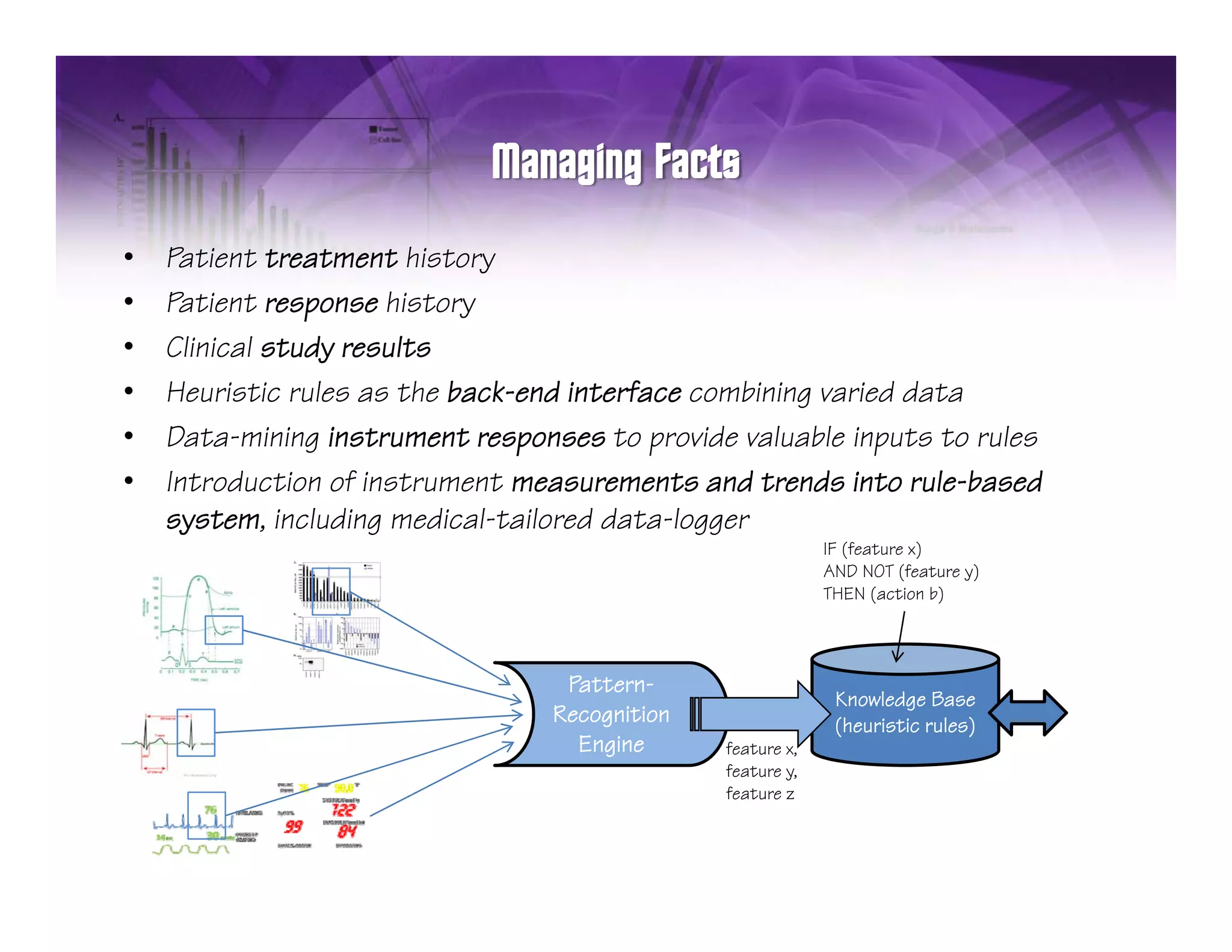 •   Patient treatment history
•   Patient
    P ti t response hi t
                      history
•   Clinical study results
•   Heuristic rules as the back-end interface combining varied data
•   Data-mining instrument responses to provide valuable inputs to rules
•   Introduction of instrument measurements and trends into rule-based
    system, including medical-tailored data-logger
                                                             IF (feature x)
                                                             AND NOT (feature y)
                                                             THEN (action b)



                                   Pattern-
                                                              Knowledge Base
                                  Recognition                 (heuristic rules)
                                    Engine      feature x,
                                                feature y,
                                                feature z
 