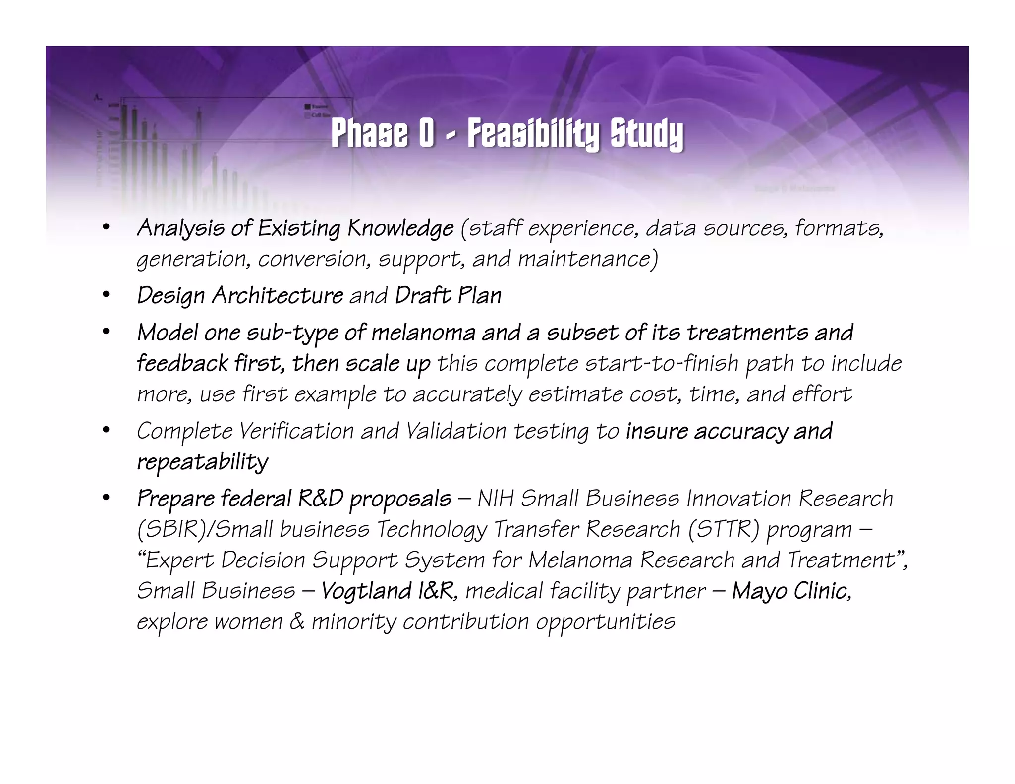 •   Analysis of Existing Knowledge (staff experience, data sources, formats,
    generation, conversion, support, and maintenance)
•   Design Architecture and Draft Plan
•   Model one sub-type of melanoma and a subset of its treatments and
                     yp
    feedback first, then scale up this complete start-to-finish path to include
    more, use first example to accurately estimate cost, time, and effort
•   Complete Verification and Validation testing to insure accuracy and
        p                                      g                   y
    repeatability
•   Prepare federal R&D proposals — NIH Small Business Innovation Research
    (
    (SBIR)/Small business Technology Transfer Research (STTR) program —
          )                          gy                   (     )p g
    “Expert Decision Support System for Melanoma Research and Treatment”,
    Small Business — Vogtland I&R, medical facility partner — Mayo Clinic,
    explore women & minority contribution opportunities
 