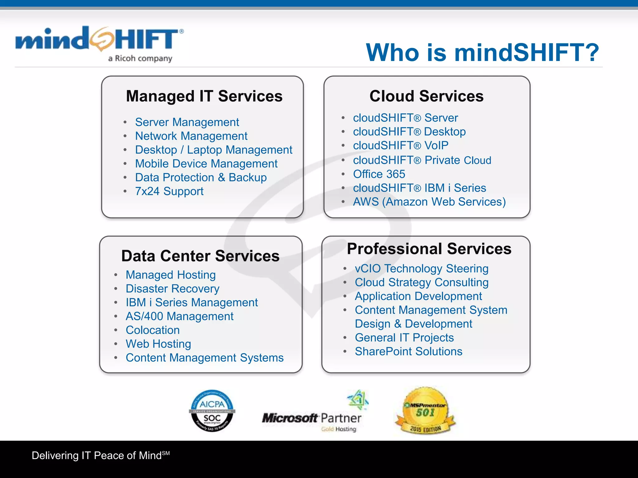 Delivering IT Peace of MindSM
Who is mindSHIFT?
• vCIO Technology Steering
• Cloud Strategy Consulting
• Application Development
• Content Management System
Design & Development
• General IT Projects
• SharePoint Solutions
Cloud Services
Data Center Services Professional Services
Managed IT Services
• Server Management
• Network Management
• Desktop / Laptop Management
• Mobile Device Management
• Data Protection & Backup
• 7x24 Support
• cloudSHIFT® Server
• cloudSHIFT® Desktop
• cloudSHIFT® VoIP
• cloudSHIFT® Private Cloud
• Office 365
• cloudSHIFT® IBM i Series
• AWS (Amazon Web Services)
• Managed Hosting
• Disaster Recovery
• IBM i Series Management
• AS/400 Management
• Colocation
• Web Hosting
• Content Management Systems
 