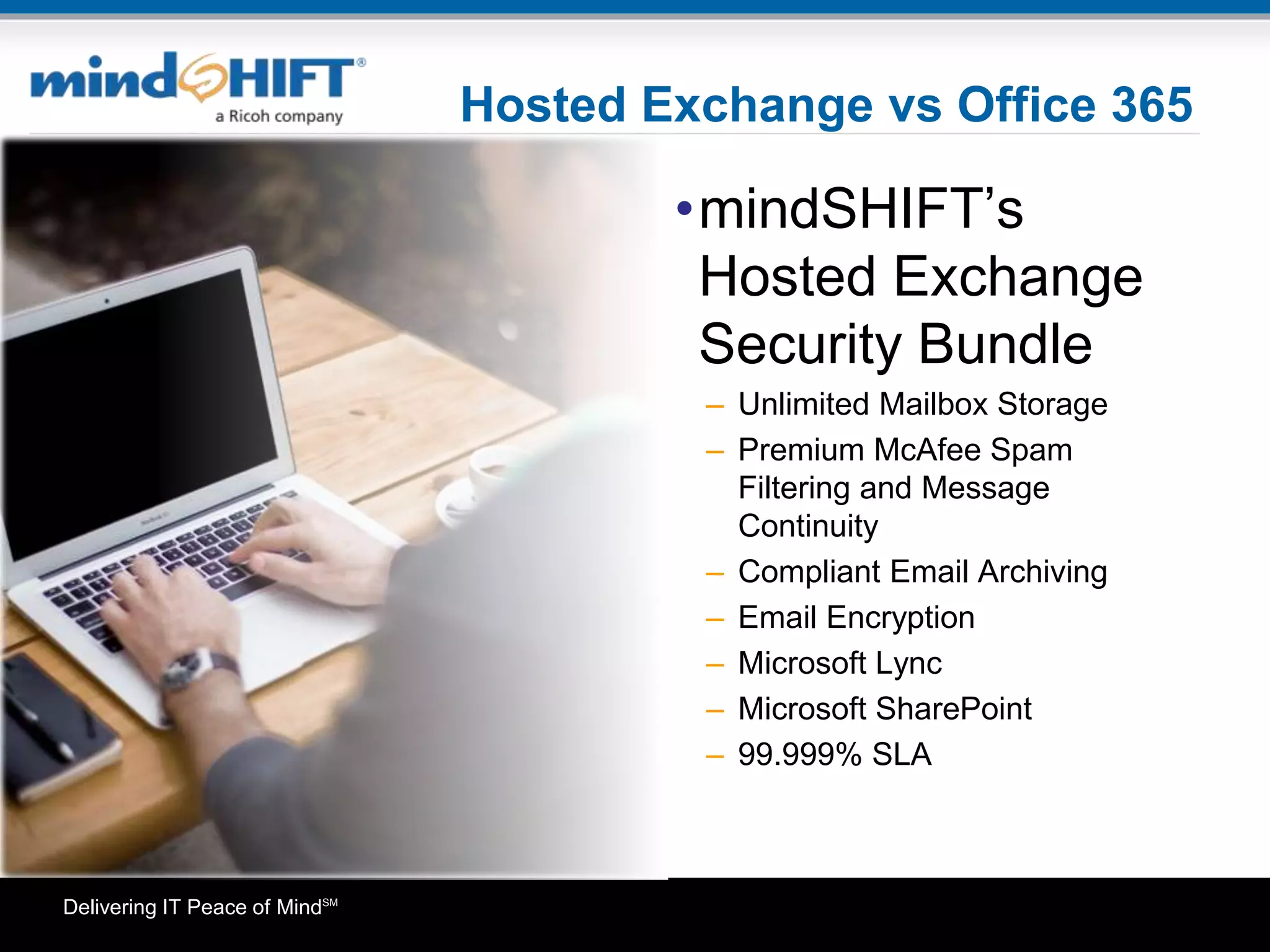 Delivering IT Peace of MindSM
Hosted Exchange vs Office 365
•mindSHIFT’s
Hosted Exchange
Security Bundle
– Unlimited Mailbox Storage
– Premium McAfee Spam
Filtering and Message
Continuity
– Compliant Email Archiving
– Email Encryption
– Microsoft Lync
– Microsoft SharePoint
– 99.999% SLA
 
