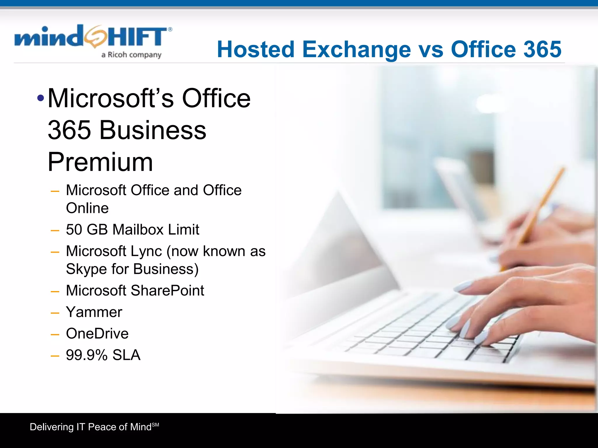 Delivering IT Peace of MindSM
Hosted Exchange vs Office 365
•Microsoft’s Office
365 Business
Premium
– Microsoft Office and Office
Online
– 50 GB Mailbox Limit
– Microsoft Lync (now known as
Skype for Business)
– Microsoft SharePoint
– Yammer
– OneDrive
– 99.9% SLA
 