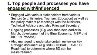1. Top people and processes you have
engaged with/influenced
• Engaged with various stakeholders from various
Sectors (e.g...