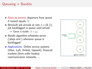 Queueing + Bandits
Arms as servers; departure from queue
if reward equals ’1’
Bernoulli job arrivals at rate λ ∈ (0, 1);
job backlogged in queue until served
Genie is stable: λ < µ1
Bandit algorithm schedules server
(’plays arm’) whenever queue is
backlogged
Applications: Online service systems
(Uber, Lyft, Airbnb, Upwork); ﬁnancial
markets (limit order books);
communication networks, ...
μ1
μ2
μ3
μK
arrivals
agents / servers
Sanjay Shakkottai (ECE, UT Austin) Regret of Queueing Bandits March 1, 2018 10 / 44
 