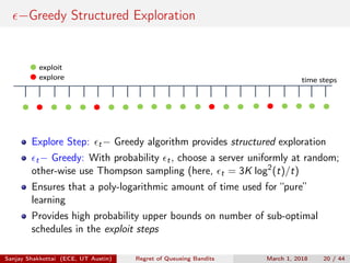 −Greedy Structured Exploration
time	steps
exploit
explore
Explore Step: t− Greedy algorithm provides structured exploration
t− Greedy: With probability t, choose a server uniformly at random;
other-wise use Thompson sampling (here, t = 3K log2
(t)/t)
Ensures that a poly-logarithmic amount of time used for “pure”
learning
Provides high probability upper bounds on number of sub-optimal
schedules in the exploit steps
Sanjay Shakkottai (ECE, UT Austin) Regret of Queueing Bandits March 1, 2018 20 / 44
 