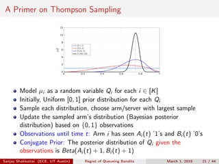 A Primer on Thompson Sampling
0 0.2 0.4 0.6 0.8 1
pdf
0
2
4
6
8
10
12
β(1, 1)
β(3, 2)
β(10, 4)
β(100, 34)
Model µi as a random variable Qi for each i ∈ [K]
Initially, Uniform [0, 1] prior distribution for each Qi
Sample each distribution, choose arm/server with largest sample
Update the sampled arm’s distribution (Bayesian posterior
distribution) based on {0, 1} observations
Observations until time t: Arm i has seen Ai (t) ’1’s and Bi (t) ’0’s
Conjugate Prior: The posterior distribution of Qi given the
observations is Beta(Ai (t) + 1, Bi (t) + 1)
Sanjay Shakkottai (ECE, UT Austin) Regret of Queueing Bandits March 1, 2018 21 / 44
 