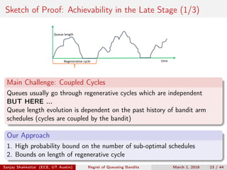Sketch of Proof: Achievability in the Late Stage (1/3)
time
Queue	length
Regenerative	cycle
Main Challenge: Coupled Cycles
Queues usually go through regenerative cycles which are independent
BUT HERE ...
Queue length evolution is dependent on the past history of bandit arm
schedules (cycles are coupled by the bandit)
Our Approach
1. High probability bound on the number of sub-optimal schedules
2. Bounds on length of regenerative cycle
Sanjay Shakkottai (ECE, UT Austin) Regret of Queueing Bandits March 1, 2018 23 / 44
 