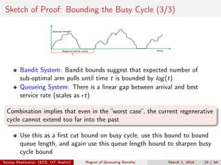 Sketch of Proof: Bounding the Busy Cycle (3/3)
time
Queue	length
Regenerative	cycle
Bandit System: Bandit bounds suggest that expected number of
sub-optimal arm pulls until time t is bounded by log(t)
Queueing System: There is a linear gap between arrival and best
service rate (scales as t)
Combination implies that even in the “worst case”, the current regenerative
cycle cannot extend too far into the past
Use this as a ﬁrst cut bound on busy cycle, use this bound to bound
queue length, and again use this queue length bound to sharpen busy
cycle bound
Sanjay Shakkottai (ECE, UT Austin) Regret of Queueing Bandits March 1, 2018 25 / 44
 