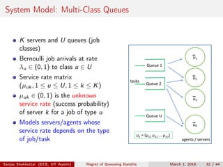System Model: Multi-Class Queues
K servers and U queues (job
classes)
Bernoulli job arrivals at rate
λu ∈ (0, 1) to class u ∈ U
Service rate matrix
(µuk, 1 ≤ u ≤ U, 1 ≤ k ≤ K)
µuk ∈ (0, 1) is the unknown
service rate (success probability)
of server k for a job of type u
Models servers/agents whose
service rate depends on the type
of job/task
μ1
μ2
μ3
μK
agents / servers
μ1 = (μ11 μ12 … μ1U)
Queue U
Queue 2
Queue 1
tasks
Sanjay Shakkottai (ECE, UT Austin) Regret of Queueing Bandits March 1, 2018 32 / 44
 