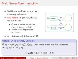 Multi Server Case: Instability
Stability of multi-server cµ rule
previously unknown
New Result: In general, the cµ
rule is unstable
Queue 1 has strict priority:
c1µ1j > c2µ2j , j = 1, 2
Server 1 has higher rate:
µ11 > µ12
π1 : stationary distribution of Q1
Queue 1
Queue 2
μ12
μ11
μ21
μ22
!1
!2
Result: Q2 is strongly unstable
If λ2 > π1(0)µ21 + π1(0, 1)µ22, then there exists positive constants
b0, b1, t0 s.t. ∀t ≥ t0,
P (Q2(t) < b2t) ≤ exp(−b1t)
Sanjay Shakkottai (ECE, UT Austin) Regret of Queueing Bandits March 1, 2018 38 / 44
 