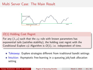 Multi Server Case: The Main Result
time
Queue	length
Regenerative	cycle
O(1) Holding Cost Regret
For any (λ, µ) such that the cµ rule with known parameters has
exponential tails (satisﬁes stability), the holding cost regret with the
Conditional Explore c ˆµ Algorithm is O(1), i.e. independent of time.
Takeaway: Explore strategies diﬀerent from traditional bandit settings
Intuition: Asymptotic free-learning in a queueing job/task allocation
setting
Sanjay Shakkottai (ECE, UT Austin) Regret of Queueing Bandits March 1, 2018 42 / 44
 