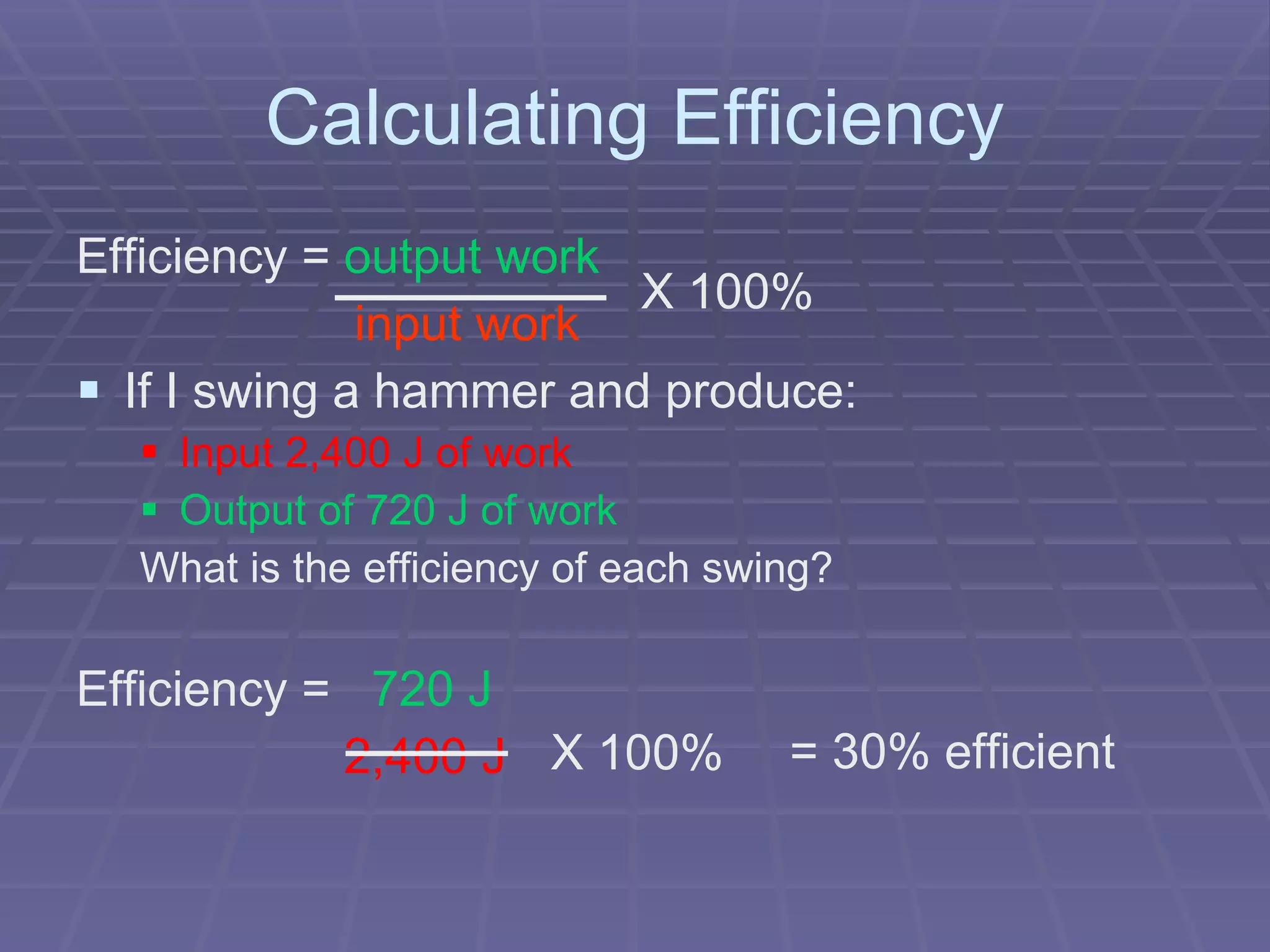Calculating Efficiency Efficiency =   output work    input work If I swing a hammer and produce: Input 2,400 J of work Output of 720 J of work What is the efficiency of each swing? Efficiency =   720 J      2,400 J  X 100% X 100% = 30% efficient 