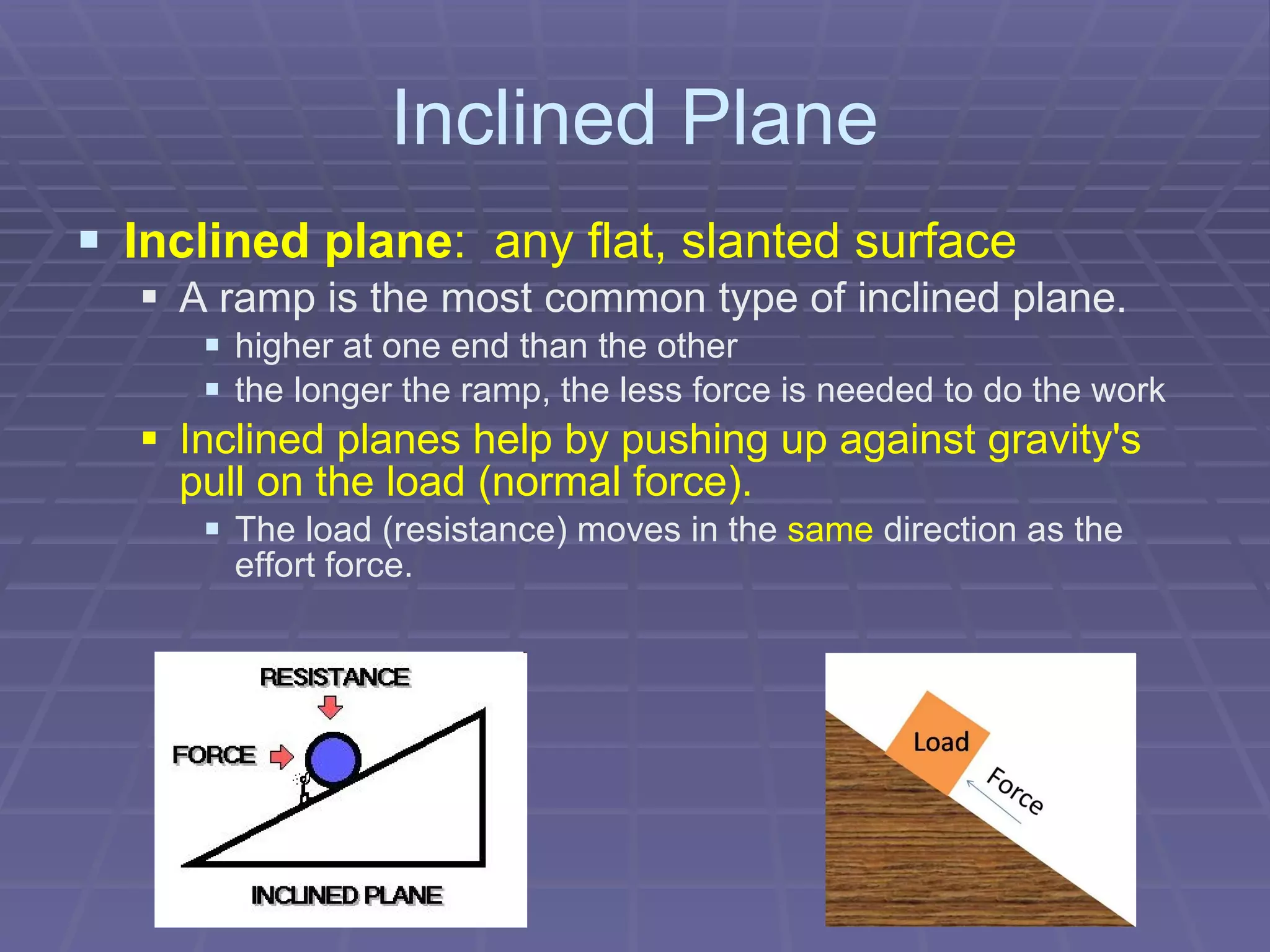 Inclined Plane Inclined plane :  any flat, slanted surface   A ramp is the most common type of inclined plane.   higher at one end than the other the longer the ramp, the less force is needed to do the work Inclined planes help by pushing up against gravity's pull on the load (normal force). The load (resistance) moves in the  same  direction as the effort force. 