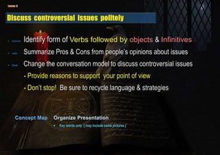 • Grammar Identify form of Verbs followed by objects & Infinitives
• Listen Summarize Pros & Cons from people’s opinions about issues
• Speak Change the conversation model to discuss controversial issues
• Provide reasons to support your point of view
• Don’t stop! Be sure to recycle language & strategies
 