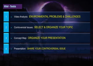 1  Video Analysis: ENVIRONMENTAL PROBLEMS & CHALLENGES
2  Controversial Issues: SELECT & ORGANIZE YOUR TOPIC
3  Concept Map: ORGANIZE YOUR PRESENTATION
4  Presentation: SHARE YOUR CONTROVERSIAL ISSUE
 