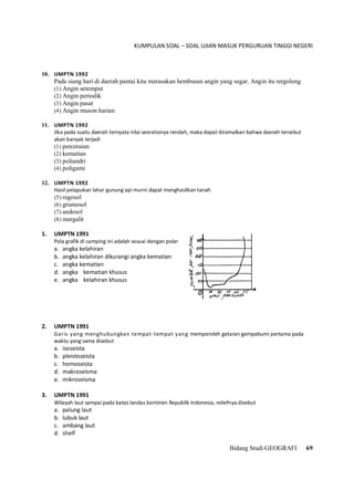 KUMPULAN SOAL – SOAL UJIAN MASUK PERGURUAN TINGGI NEGERI
Bidang Studi GEOGRAFI 69
10. UMPTN 1992
Pada siang hari di daerah pantai kita merasakan hembusan angin yang segar. Angin itu tergolong
(1) Angin setempat
(2) Angin periodik
(3) Angin pasat
(4) Angin muson harian
11. UMPTN 1992
Jika pada suatu daerah ternyata nilai sexrationya rendah, maka dapat diramalkan bahwa daerah tersebut
akan banyak terjadi
(1) perceraian
(2) kematian
(3) poliandri
(4) poligami
12. UMPTN 1992
Hasil pelapukan lahar gunung api murni dapat menghasilkan tanah
(5) regosol
(6) grumosol
(7) andosol
(8) margalit
1. UMPTN 1991
Pola grafik di camping ini adalah sesuai dengan polar
a. angka kelahiran
b. angka kelahiran dikurangi angka kematian
c. angka kematian
d. angka kematian khusus
e. angka kelahiran khusus
2. UMPTN 1991
Garis yang menghubungkan tempat-tempat yang memperoleh getaran gempabumi pertama pada
waktu yang sama disebut
a. isoseista
b. pleistoseista
c. homoseista
d. makroseisma
e. mikroseisma
3. UMPTN 1991
Wilayah laut sampai pada batas landas kontinen Republik Indonesia, reliefnya disebut
a. palung laut
b. lubuk laut
c. ambang laut
d. shelf
 