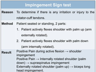 Impingement Sign test
Reason To determine if there is any irritation or injury to the
rotator-cuff tendons.
Method Patient seated or standing, 2 parts:
1. Patient actively flexes shoulder with palm up (arm
externally rotated).
2. Patient actively flexes shoulder with palm down
(arm internally rotated).
Result Positive Pain during active flexion → shoulder
impingement
Positive Pain → Internally rotated shoulder (palm
down) → supraspinatus impingement
Externally rotated shoulder (palm up) → biceps long
head impingement.
 