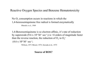 Reactive Oxygen Species and Benzene Hematotoxicity

 No O2 consumption occurs in reactions in which the
 1,4-benzosemiquinone free radical is formed enzymatically
          Ohnishi et al., 1969


 1,4-Benzosemiquinone is so electron affinic, it’s rate of reduction
 by superoxide (9.6 x 108 M-1 sec-1;) is >4 orders of magnitude faster
 than the reverse reaction, the reduction of O 2 to O2•-
  (4.6 x 108 M-1 sec-1;
          Willson, 1971 Meisel, 1975, Sawada et al., 1975



                            Source of ROS?
 