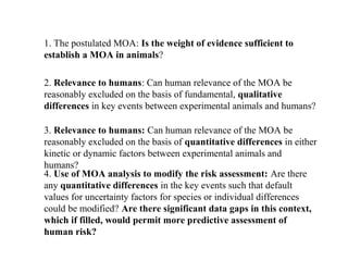 1. The postulated MOA: Is the weight of evidence sufficient to
establish a MOA in animals?

2. Relevance to humans: Can human relevance of the MOA be
reasonably excluded on the basis of fundamental, qualitative
differences in key events between experimental animals and humans?

3. Relevance to humans: Can human relevance of the MOA be
reasonably excluded on the basis of quantitative differences in either
kinetic or dynamic factors between experimental animals and
humans?
4. Use of MOA analysis to modify the risk assessment: Are there
any quantitative differences in the key events such that default
values for uncertainty factors for species or individual differences
could be modified? Are there significant data gaps in this context,
which if filled, would permit more predictive assessment of
human risk?
 
