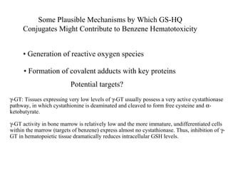 Some Plausible Mechanisms by Which GS-HQ
     Conjugates Might Contribute to Benzene Hematotoxicity


     • Generation of reactive oxygen species

      • Formation of covalent adducts with key proteins
                          Potential targets?
γ-GT: Tissues expressing very low levels of γ-GT usually possess a very active cystathionase
pathway, in which cystathionine is deaminated and cleaved to form free cysteine and α-
ketobutyrate.

γ-GT activity in bone marrow is relatively low and the more immature, undifferentiated cells
within the marrow (targets of benzene) express almost no cystathionase. Thus, inhibition of γ-
GT in hematopoietic tissue dramatically reduces intracellular GSH levels.
 