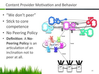 Content	
  Provider	
  Mo@va@on	
  and	
  Behavior	
  

•  “We	
  don’t	
  peer”	
  
•  S@ck	
  to	
  core	
  
   competence	
  
•  No	
  Peering	
  Policy	
  
•  Deﬁni&on:	
  A	
  No-­‐
   Peering	
  Policy	
  is	
  an	
  
   ar@cula@on	
  of	
  an	
  
   inclina@on	
  not	
  to	
  
   peer	
  at	
  all.	
  


                                                            19	
  
 