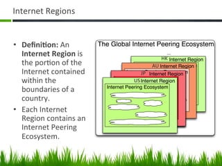 Internet	
  Regions	
  


•  Deﬁni&on:	
  An	
  
   Internet	
  Region	
  is	
                                …	
  
                                                           HK	
  
   the	
  por@on	
  of	
  the	
                   AU	
  
   Internet	
  contained	
               JP	
  
   within	
  the	
                  US	
  
   boundaries	
  of	
  a	
  
   country.	
  	
  
•  Each	
  Internet	
  
   Region	
  contains	
  an	
  
   Internet	
  Peering	
  
   Ecosystem.	
  

                                                                     4	
  
 