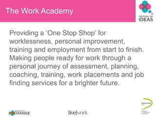 The Work Academy

Providing a ‘One Stop Shop’ for
worklessness, personal improvement,
training and employment from start to finish.
Making people ready for work through a
personal journey of assessment, planning,
coaching, training, work placements and job
finding services for a brighter future.
 