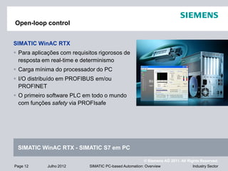 © Siemens AG 2011. All Rights Reserved.
Industry SectorPage 12 Julho 2012 SIMATIC PC-based Automation: Overview
Open-loop control
SIMATIC WinAC RTX
 Para aplicações com requisitos rigorosos de
resposta em real-time e determinismo
 Carga mínima do processador do PC
 I/O distribuído em PROFIBUS em/ou
PROFINET
 O primeiro software PLC em todo o mundo
com funções safety via PROFIsafe
SIMATIC WinAC RTX - SIMATIC S7 em PC
 