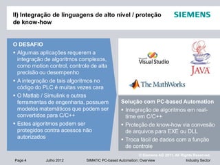 © Siemens AG 2011. All Rights Reserved.
Industry SectorPage 4 Julho 2012 SIMATIC PC-based Automation: Overview
II) Integração de linguagens de alto nível / proteção
de know-how
Solução com PC-based Automation
 Integração de algoritmos em real-
time em C/C++
 Proteção de know-how via convesão
de arquivos para EXE ou DLL
 Troca fácil de dados com a função
de controle
O DESAFIO
 Algumas aplicações requerem a
integração de algoritmos complexos,
como motion control, controle de alta
precisão ou desempenho
 A integração de tais algoritmos no
código do PLC é muitas vezes cara
 O Matlab / Simulink e outras
ferramentas de engenharia, possuem
modelos matemáticos que podem ser
convertidos para C/C++
 Estes algoritmos podem ser
protegidos contra acessos não
autorizados
 