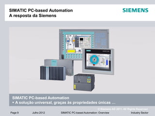 © Siemens AG 2011. All Rights Reserved.
Industry SectorPage 9 Julho 2012 SIMATIC PC-based Automation: Overview
SIMATIC PC-based Automation
A resposta da Siemens
SIMATIC PC-based Automation
 A solução universal, graças às propriedades únicas …
 